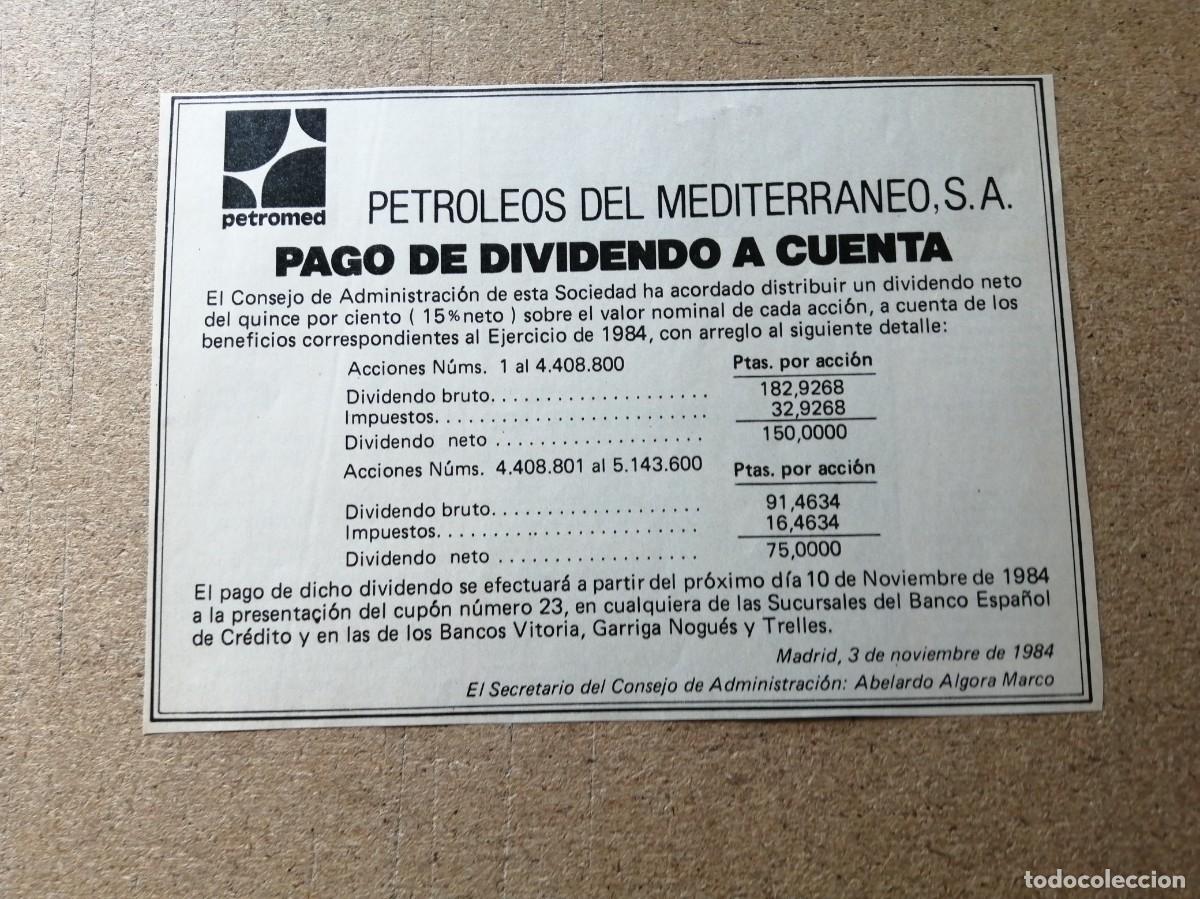 Otros art&iacute;culos de coleccionismo en papel: ANUNCIO. PETROLEOS DEL MEDITERRANEO S. A. PAGO DE DIVIDENDO A CUENTA