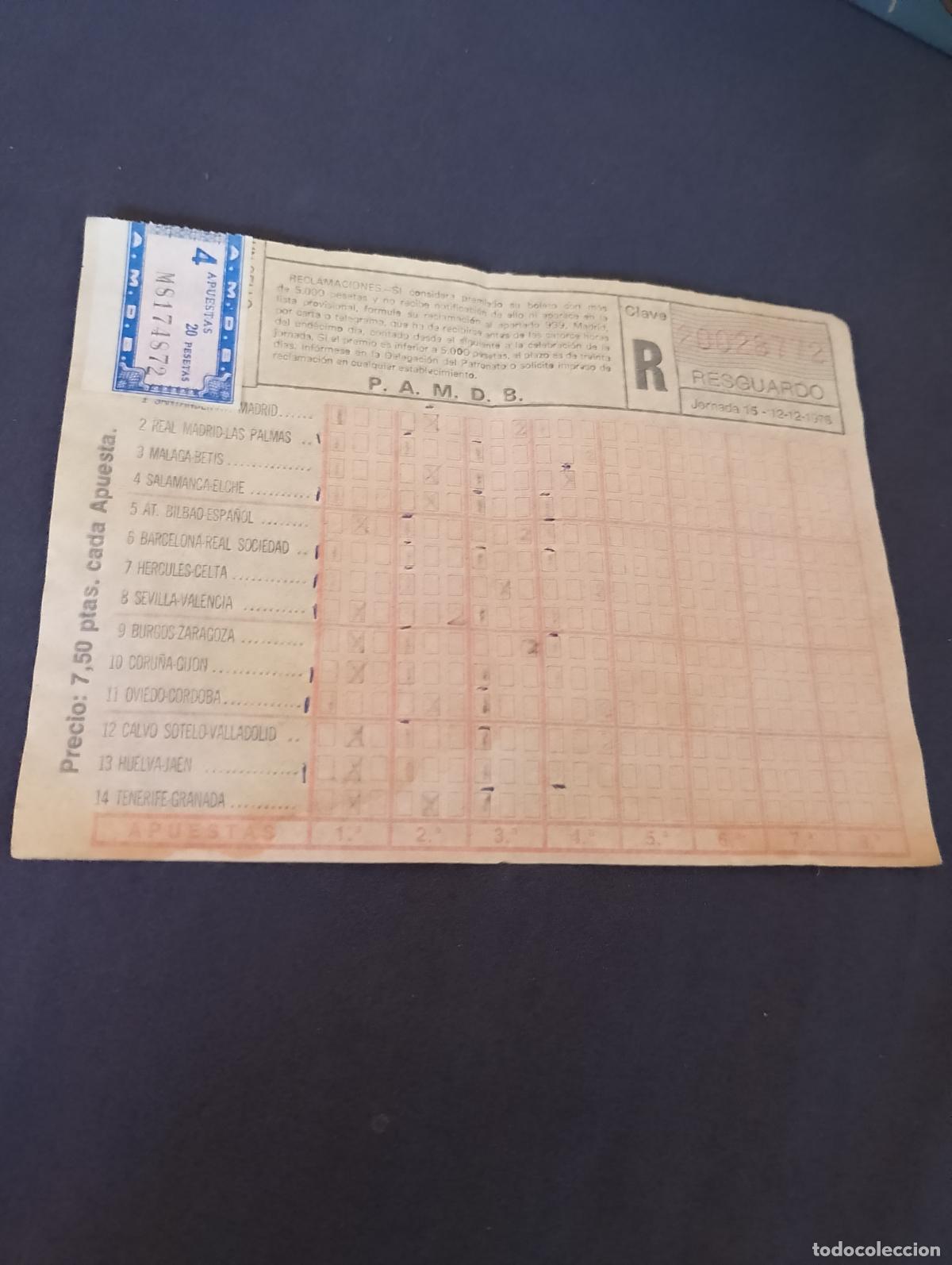 Otros art&iacute;culos de coleccionismo en papel: Resguardo de Quiniela de F&uacute;tbol Antigua Sellada - Jornada 15 (15-12-1974) - Temporada 1974/1975