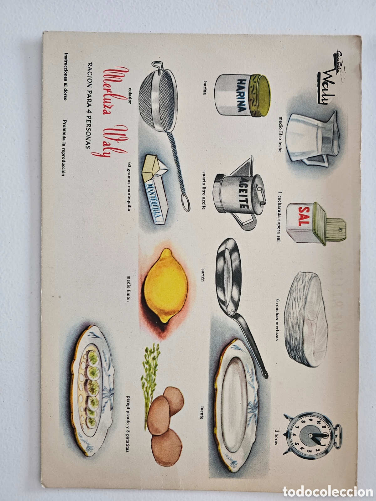 Otros art&iacute;culos de coleccionismo en papel: Antigua ficha receta ilustrada Merluza Waly. Cocina Gr&aacute;fica Waly, n&ordm; 1 (Ficha 1002)