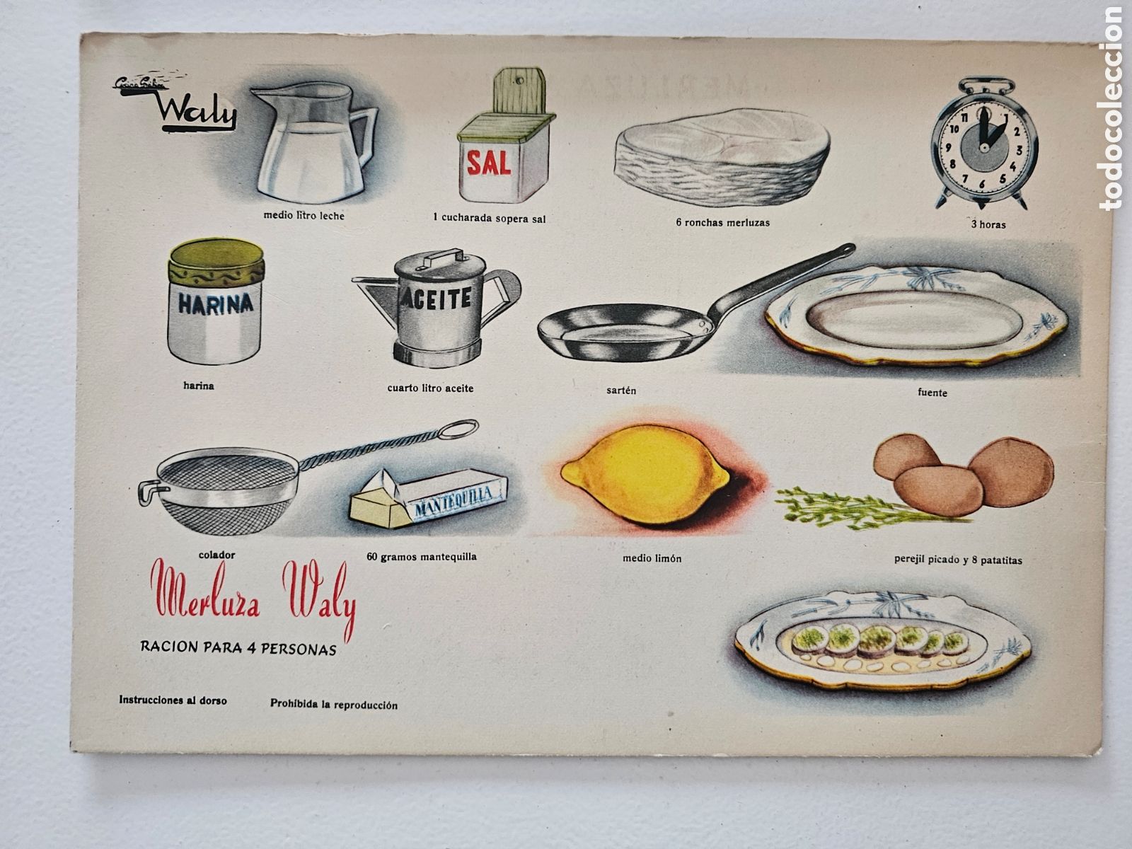 Otros art&iacute;culos de coleccionismo en papel: Antigua ficha receta ilustrada Merluza Waly. Cocina Gr&aacute;fica Waly, n&ordm; 1 (Ficha 1002)