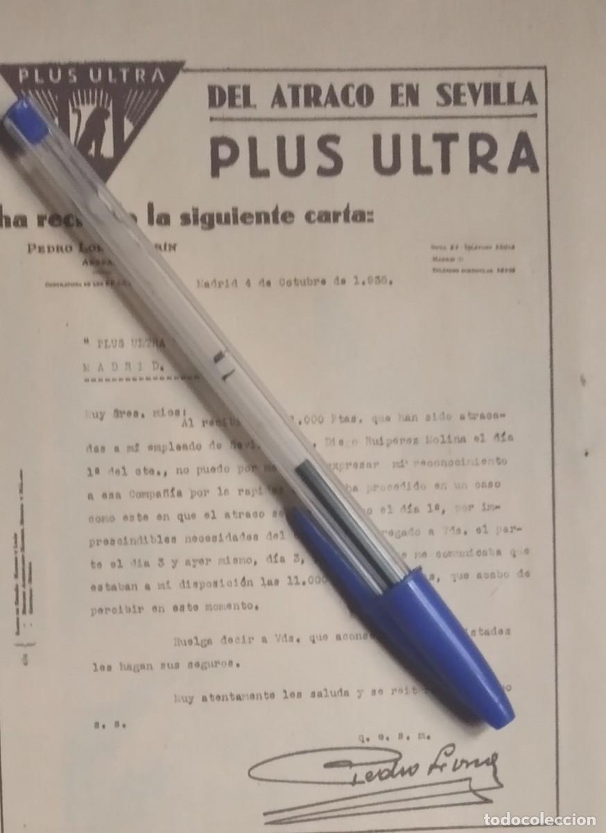 Otros art&iacute;culos de coleccionismo en papel: PLUS ULTRA COMPA&Ntilde;&Iacute;A DE SEGUROS PUBLICIDAD CARTA PEDRO LORCA MAR&Iacute;N PAGO SINIESTRO POR ATRACO A&Ntilde;O 1935