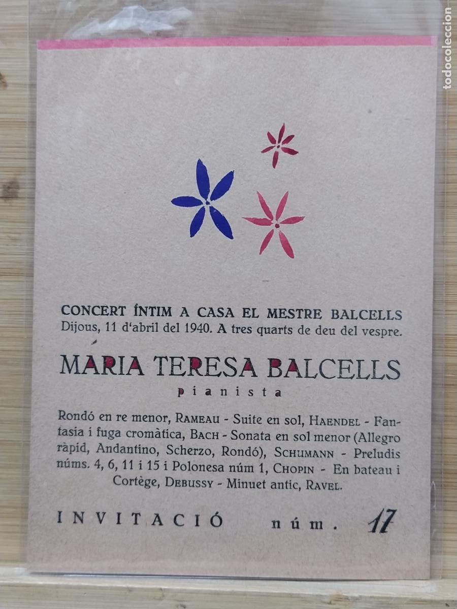 Otros art&iacute;culos de coleccionismo en papel: MARIA TERESA BALCELLS PIANISTA - INVITACIO CONCERT INTIM A CASA BALCELLS - ANY 1940 -VEURE FOTOS