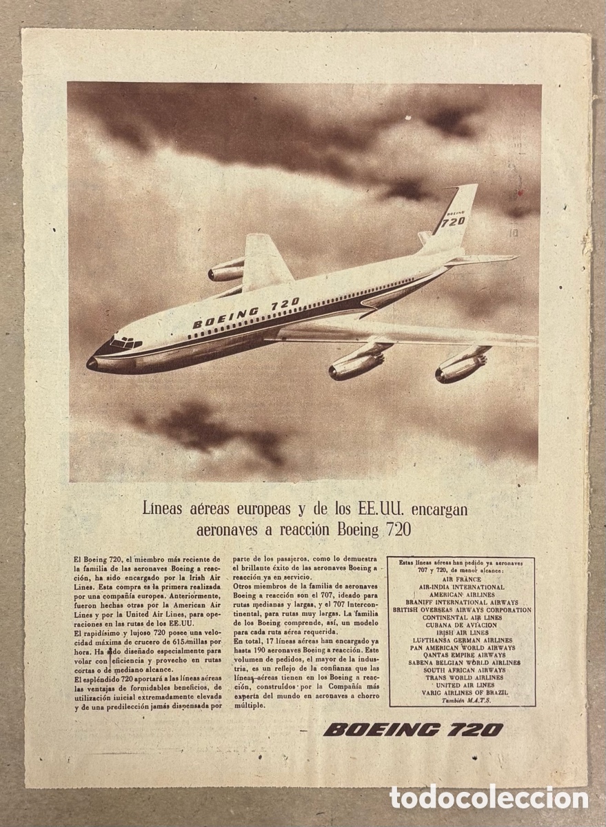 Otros art&iacute;culos de coleccionismo en papel: BOEING 720. ANUNCIO PUBLICITARIO PERI&Oacute;DICO ABC A&Ntilde;O 1959..