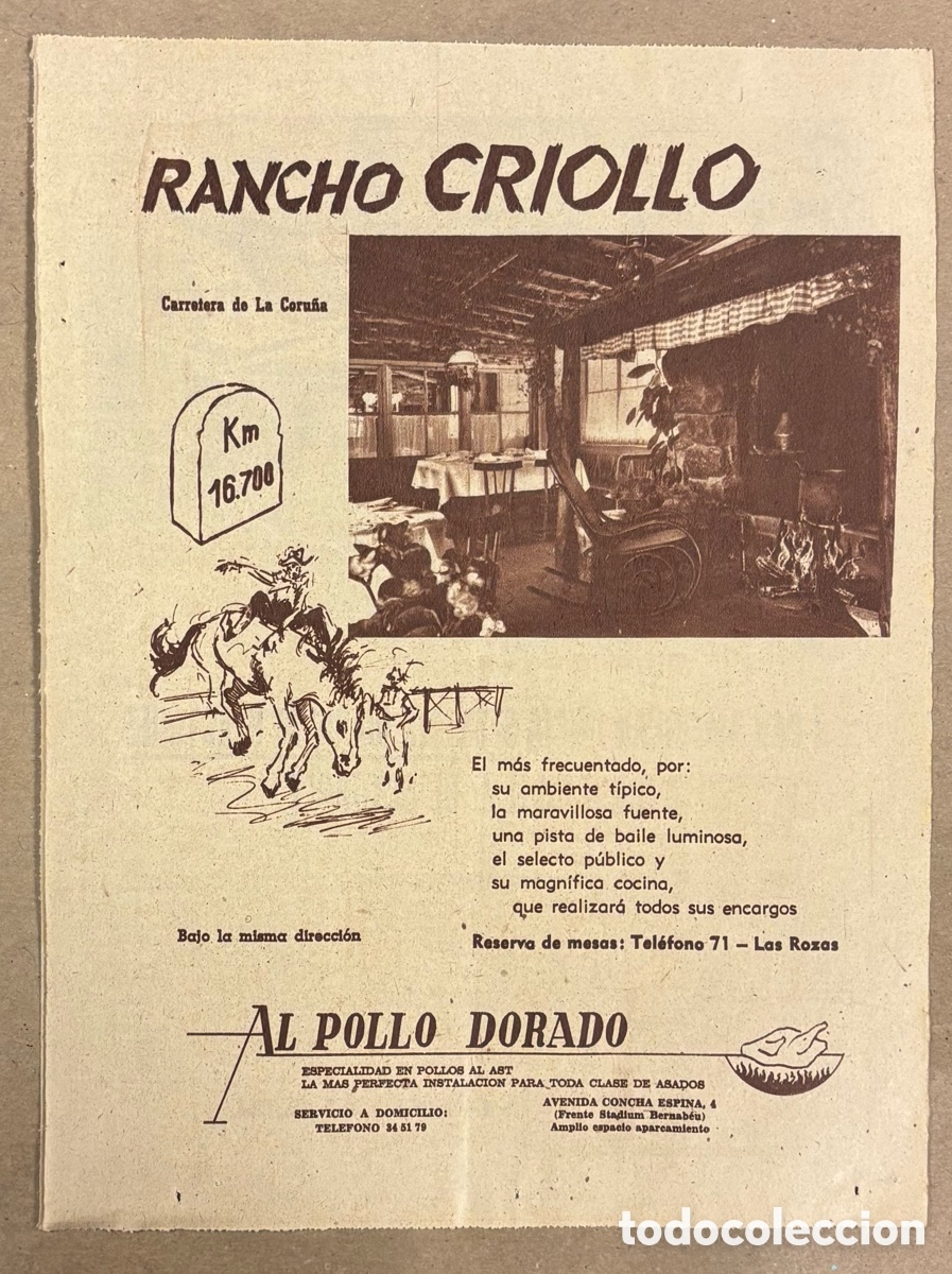 Otros art&iacute;culos de coleccionismo en papel: RESTAURANTE RANCHO CRIOLLO (MADRID). ANUNCIO PUBLICITARIO PERI&Oacute;DICO ABC A&Ntilde;O 1958.