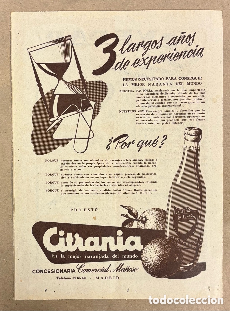 Otros art&iacute;culos de coleccionismo en papel: NARANJADA CITRONIA. ANUNCIO PUBLICITARIO PERI&Oacute;DICO ABC A&Ntilde;O 1954.