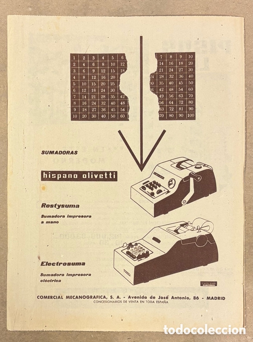 Otros art&iacute;culos de coleccionismo en papel: SUMADORAS HISPANO OLIVETTI. ANUNCIO PUBLICITARIO PERI&Oacute;DICO ABC A&Ntilde;O 1954.