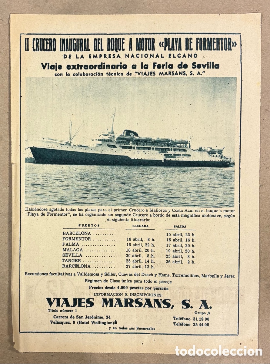 Otros art&iacute;culos de coleccionismo en papel: 2&ordm; CRUCERO INAUGURAL BUQUE PLAYA FORMENTOR. ANUNCIO PUBLICITARIO PERI&Oacute;DICO ABC A&Ntilde;O 1955. MARSANS