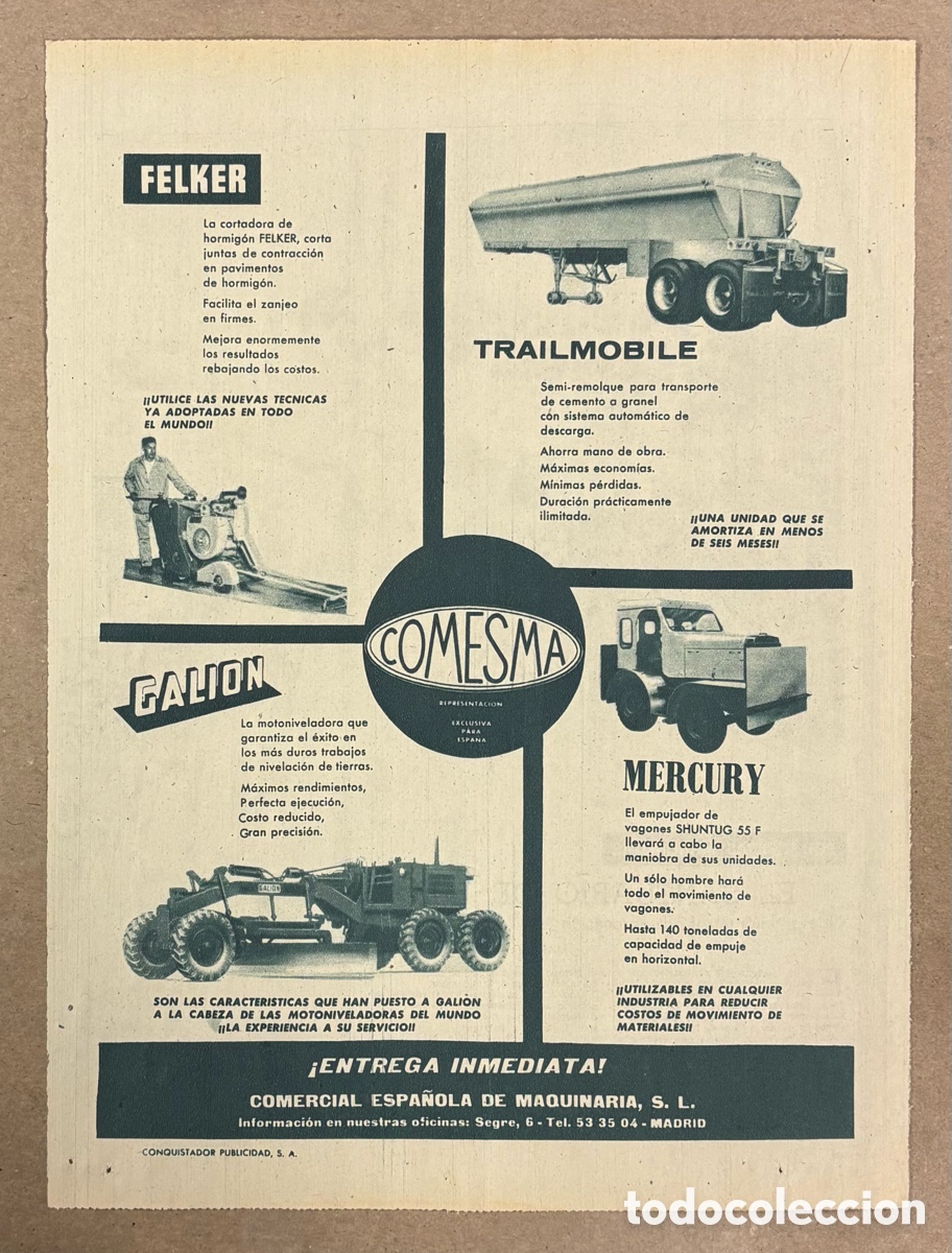 Otros art&iacute;culos de coleccionismo en papel: COMESMA (COMERCIAL ESPA&Ntilde;OLA DE MAQUINARIA). ANUNCIO PUBLICITARIO PERI&Oacute;DICO ABC A&Ntilde;O 1955.