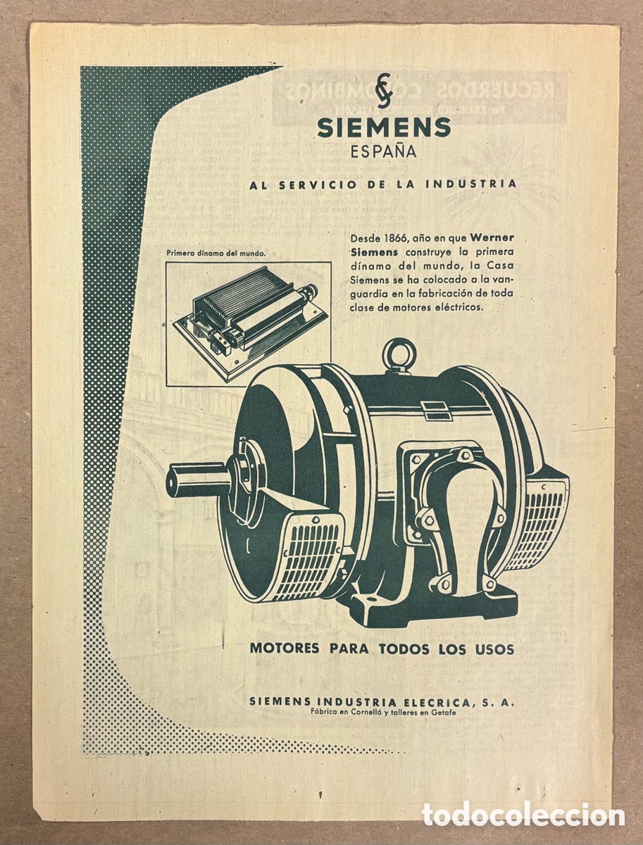 Otros art&iacute;culos de coleccionismo en papel: MOTORES SIEMENS ESPA&Ntilde;A. ANUNCIO PUBLICITARIO PERI&Oacute;DICO ABC A&Ntilde;O 1955