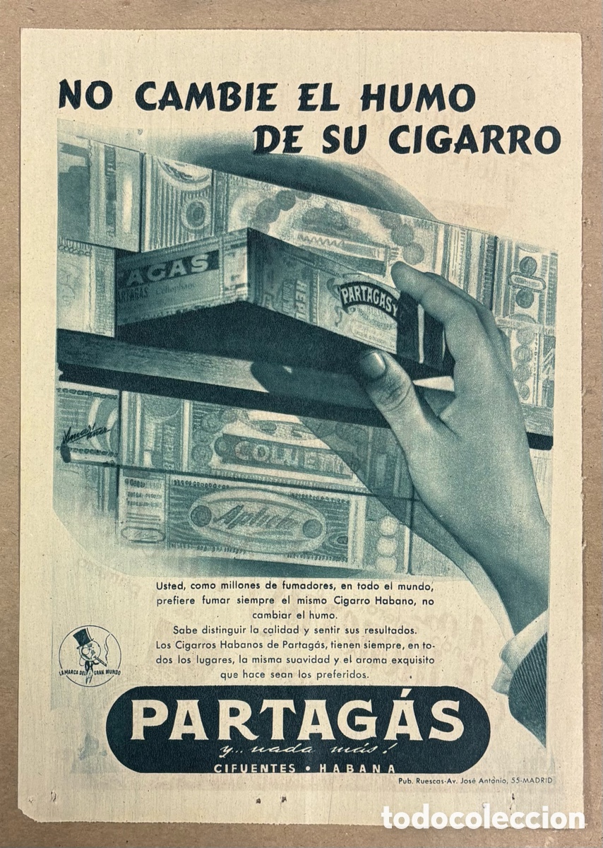 Otros art&iacute;culos de coleccionismo en papel: PUROS CIGARROS PARTAG&Aacute;S (LA HABANA). ANUNCIO PUBLICITARIO PERI&Oacute;DICO ABC A&Ntilde;O 1956