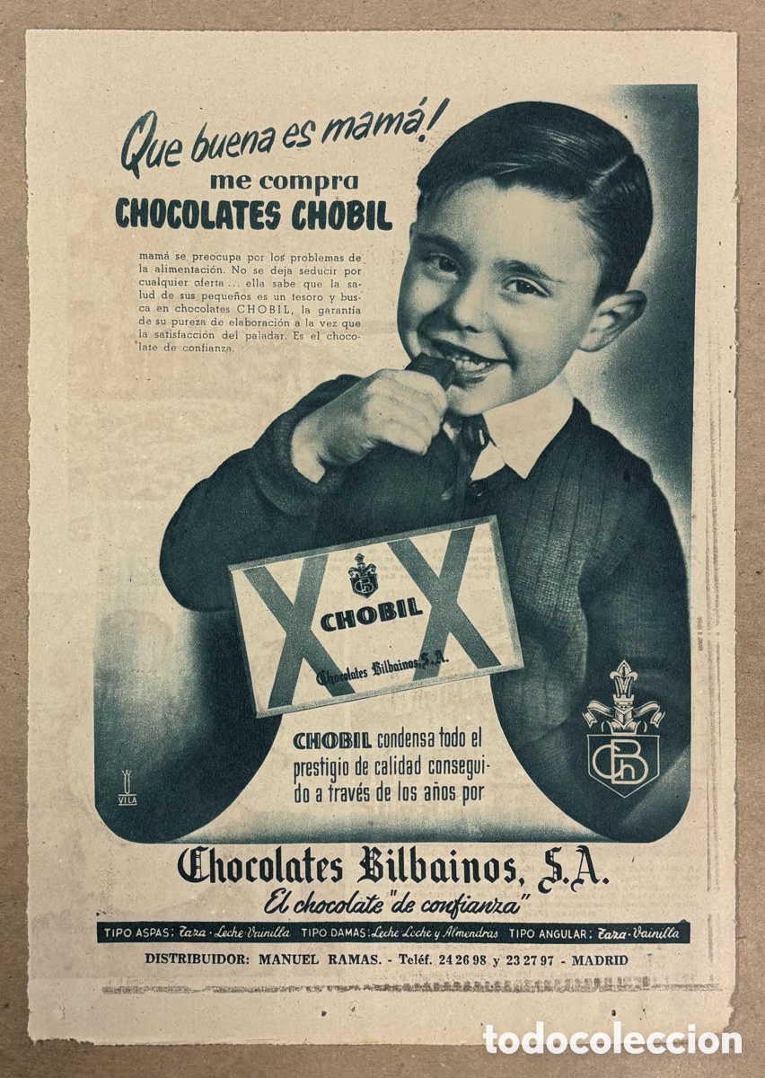 Otros art&iacute;culos de coleccionismo en papel: CHOCOLATES CHOBIL. ANUNCIO PUBLICITARIO PERI&Oacute;DICO ABC A&Ntilde;O 1955. CHOCOLATES BILBA&Iacute;NOS