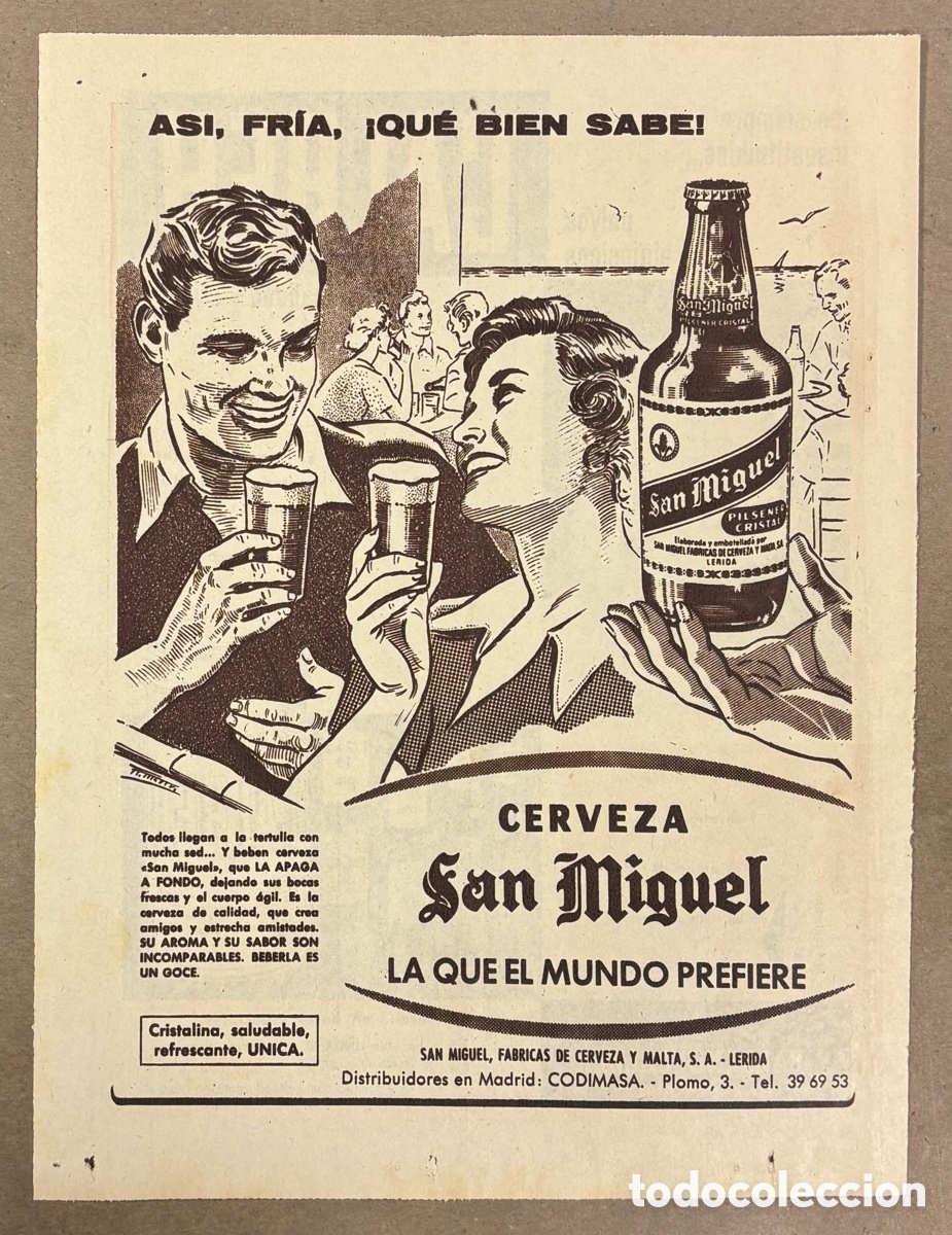 Otros art&iacute;culos de coleccionismo en papel: CERVEZA SAN MIGUEL. ANUNCIO PUBLICITARIO PERI&Oacute;DICO ABC A&Ntilde;O 1958.