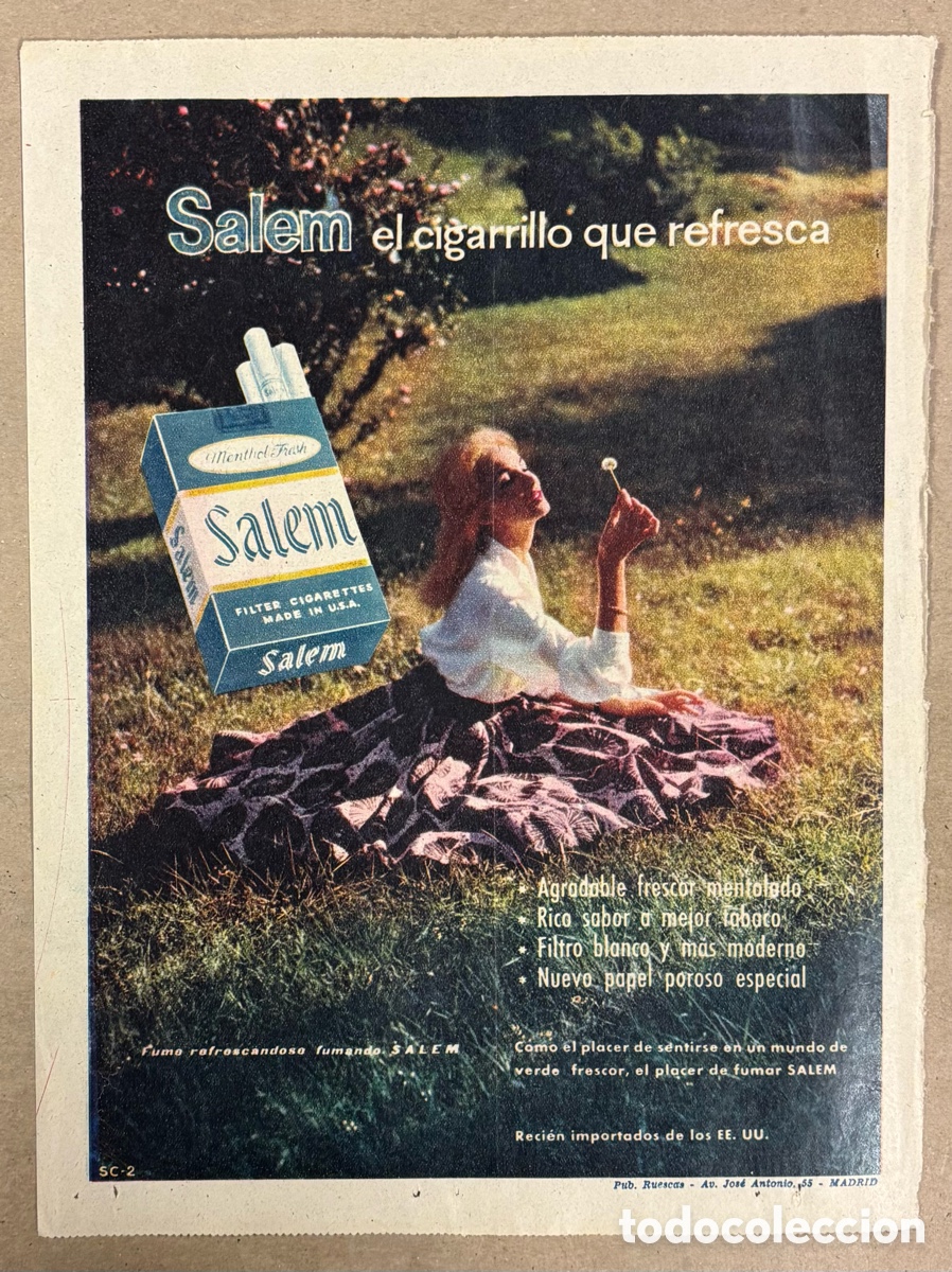 Otros art&iacute;culos de coleccionismo en papel: CIGARRILLOS MENTOLADOS SALEM. ANUNCIO PUBLICITARIO PERI&Oacute;DICO ABC A&Ntilde;O 1963.
