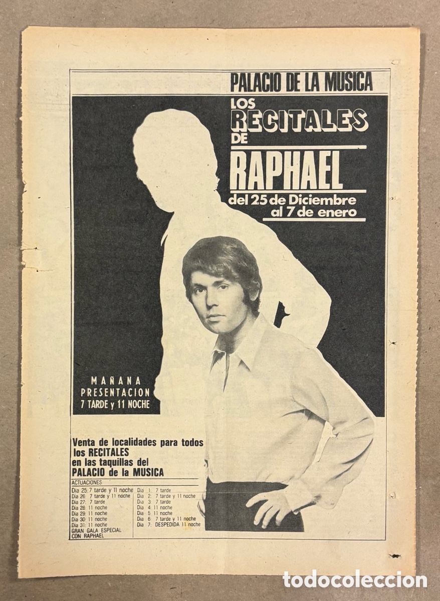 Otros art&iacute;culos de coleccionismo en papel: RAPHAEL. ANUNCIO CARTEL ACTUACI&Oacute;N PALACIO DE LA M&Uacute;SICA PERI&Oacute;DICO ABC A&Ntilde;O 1969.