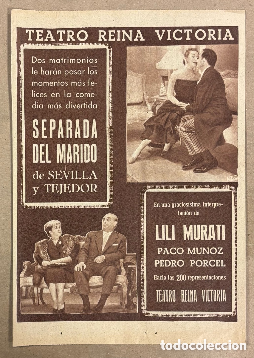 Otros art&iacute;culos de coleccionismo en papel: SEPARADA DEL MARIDO (LILI MURATI). ANUNCIO CARTEL TEATRO REINA VICTORIA PERI&Oacute;DICO ABC A&Ntilde;O 1956