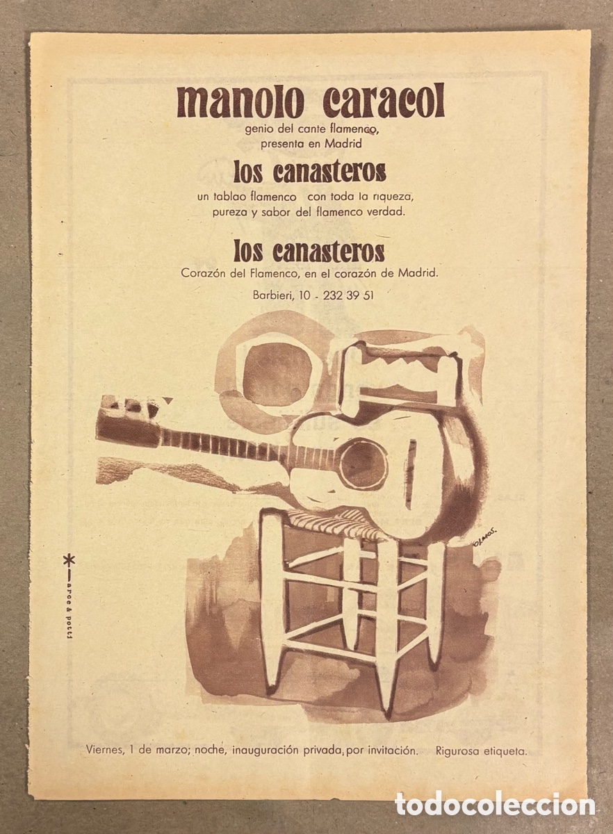 Otros art&iacute;culos de coleccionismo en papel: MANOLO CARACOL. ANUNCIO CARTEL ACTUACI&Oacute;N INAUGURACI&Oacute;N LOS CANASTEROS PERI&Oacute;DICO ABC A&Ntilde;O 1963.