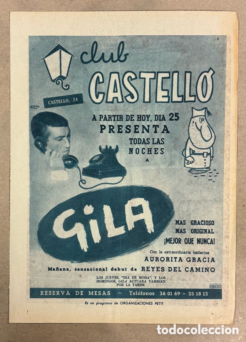 Otros art&iacute;culos de coleccionismo en papel: GILA. ANUNCIO CARTEL ACTUACI&Oacute;N EN CLUB CASTELL&Oacute; PERI&Oacute;DICO ABC A&Ntilde;O 1955
