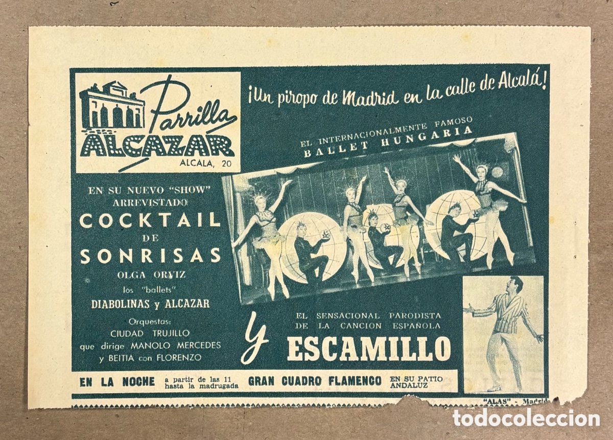 Otros art&iacute;culos de coleccionismo en papel: COCKTAIL DE SONRISAS CON OLGA ORTIZ. ANUNCIO CARTEL ACTUACI&Oacute;N PARRILLA ALC&Aacute;ZAR PERI&Oacute;DICO ABC 1952