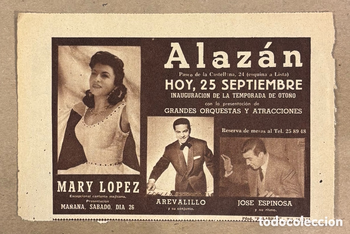 Otros art&iacute;culos de coleccionismo en papel: MARY L&Oacute;PEZ, AREVALILLO JOS&Eacute; ESPINOSA. ANUNCIO CARTEL ACTUACI&Oacute;N ALAZ&Aacute;N PERI&Oacute;DICO ABC 1955