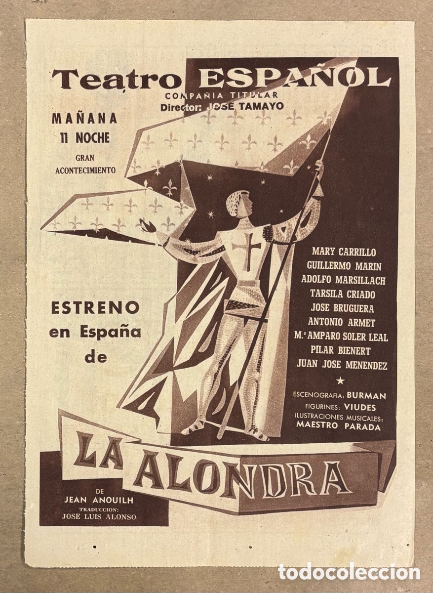 Otros art&iacute;culos de coleccionismo en papel: LA ALONDRA (MARY CARRILLO). ANUNCIO CARTEL TEATRO ESPA&Ntilde;OL PERI&Oacute;DICO ABC A&Ntilde;O 1954.