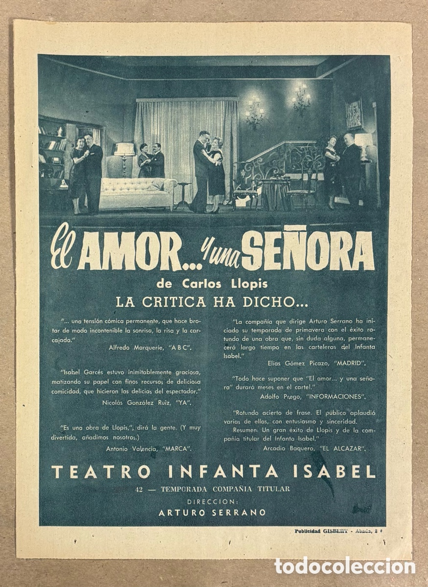 Otros art&iacute;culos de coleccionismo en papel: EL AMOR&hellip; Y UNA SE&Ntilde;ORA (CARLOS LLOPIS. ANUNCIO CARTEL TEATRO PERI&Oacute;DICO ABC A&Ntilde;O 1958.