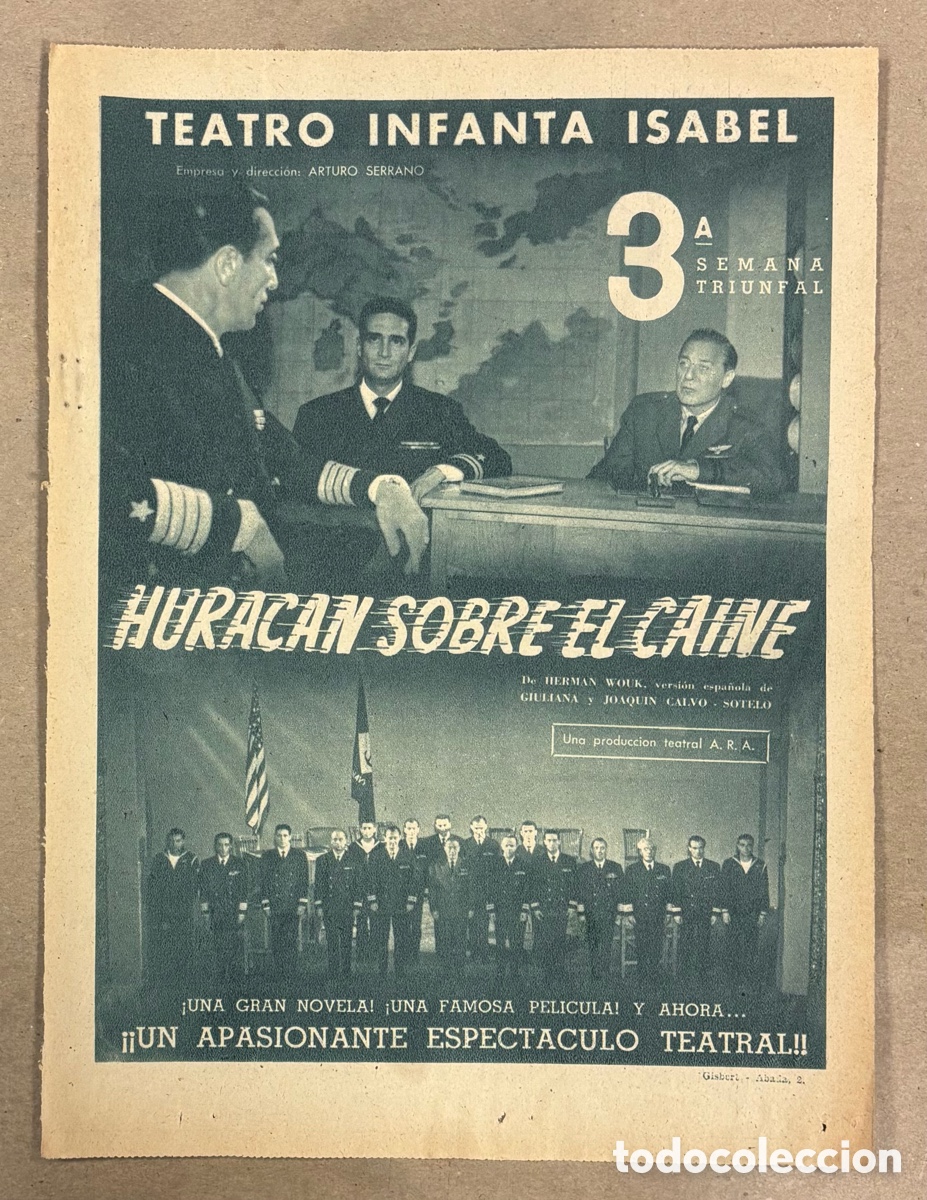Otros art&iacute;culos de coleccionismo en papel: HURAC&Aacute;N SOBRE EL CAINE. ANUNCIO CARTEL TEATRO INFANTA ISABEL PERI&Oacute;DICO ABC A&Ntilde;O 1958.