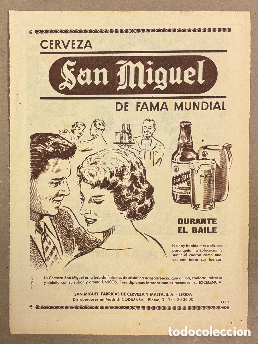 Otros art&iacute;culos de coleccionismo en papel: CERVEZA SAN MIGUEL. ANUNCIO PUBLICITARIO PERI&Oacute;DICO ABC A&Ntilde;O 1959.