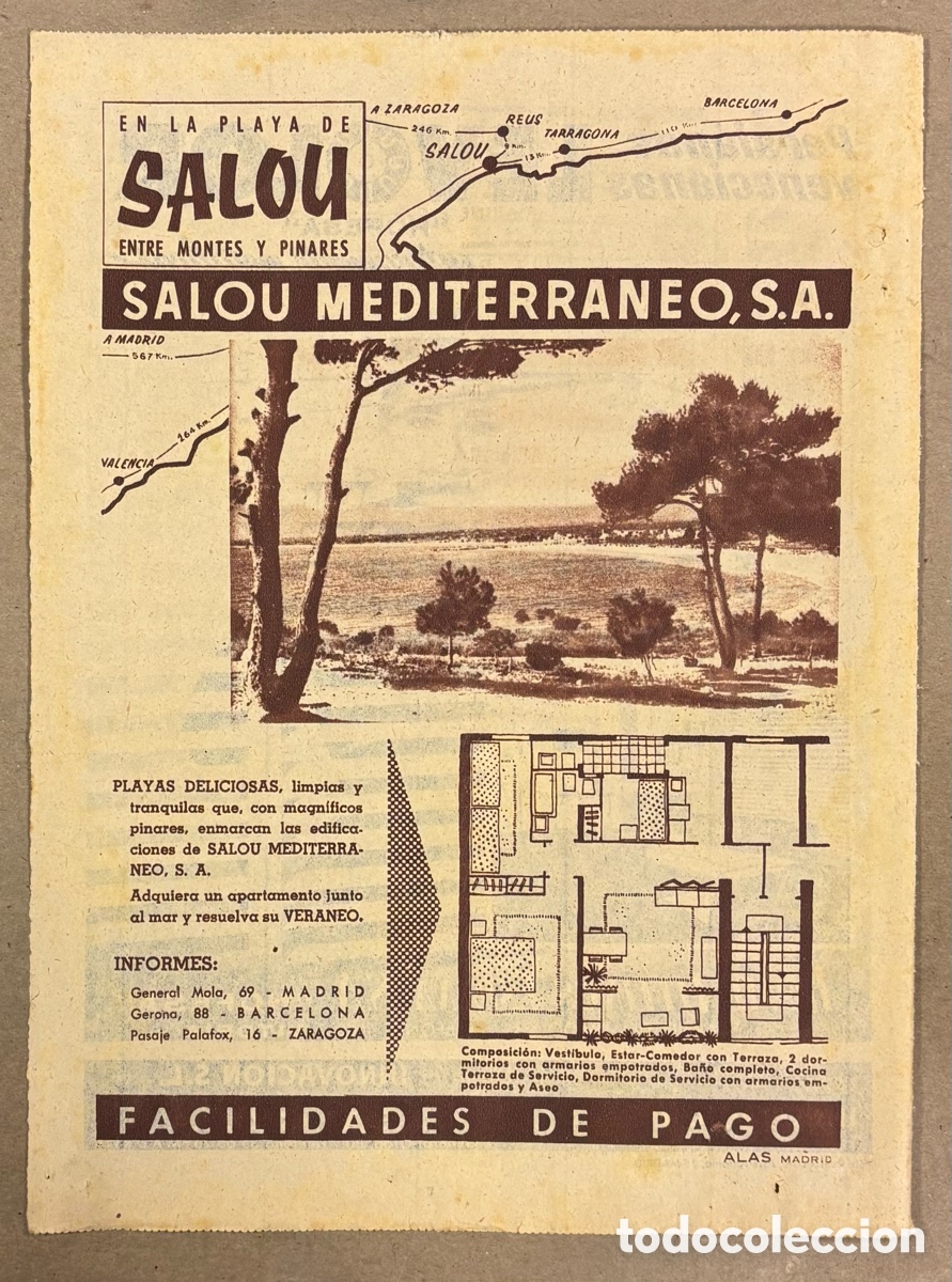 Otros art&iacute;culos de coleccionismo en papel: PROMOCI&Oacute;N URBANIZACI&Oacute;N SALOU MEDITERR&Aacute;NEO. ANUNCIO PUBLICITARIO PERI&Oacute;DICO ABC A&Ntilde;O 1959.
