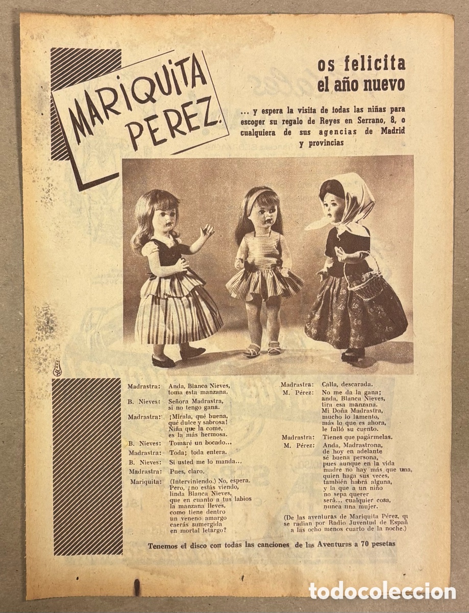 Otros art&iacute;culos de coleccionismo en papel: MU&Ntilde;ECA MARIQUITA P&Eacute;REZ. ANUNCIO PUBLICITARIO PERI&Oacute;DICO ABC A&Ntilde;O 1958.
