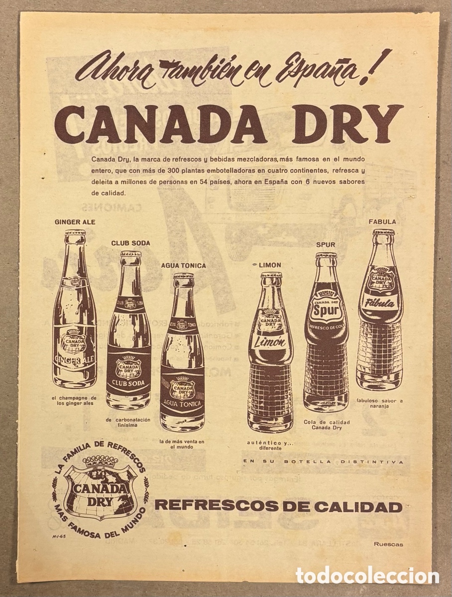 Otros art&iacute;culos de coleccionismo en papel: REFRESCOS CANADA DRY. ANUNCIO PUBLICITARIO PERI&Oacute;DICO ABC A&Ntilde;O 1965.