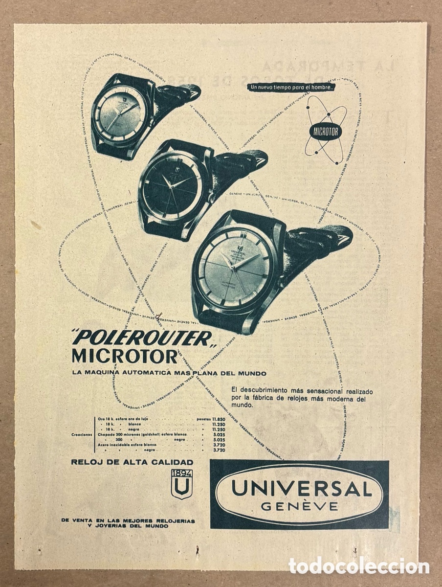 Otros art&iacute;culos de coleccionismo en papel: RELOJ UNIVERSAL GENEVE POLEROUTER MMIVROTOR. ANUNCIO PUBLICITARIO PERI&Oacute;DICO ABC A&Ntilde;O 1959.