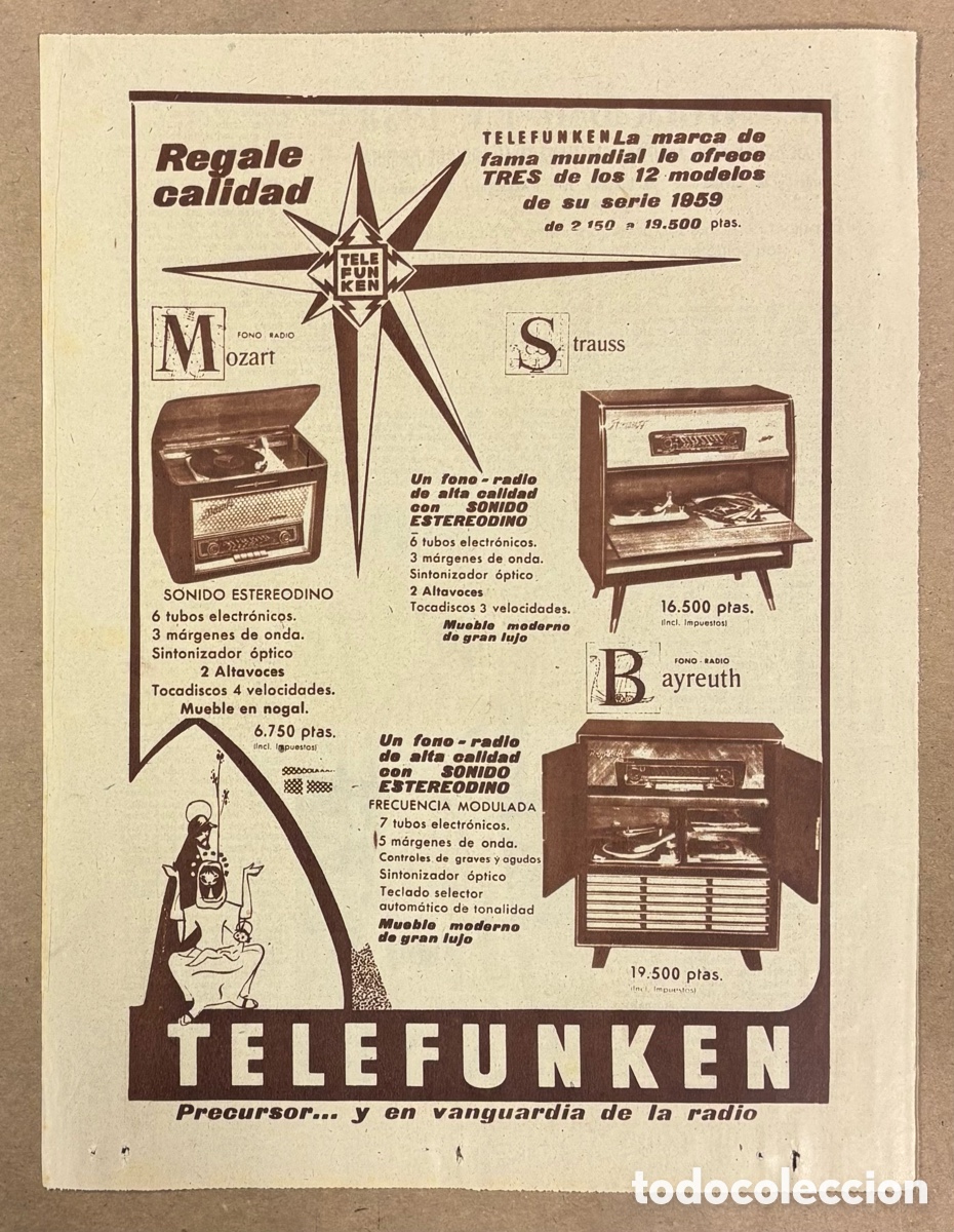 Otros art&iacute;culos de coleccionismo en papel: FONO-RADIOS TELEFUNKEN. ANUNCIO PUBLICITARIO PERI&Oacute;DICO ABC A&Ntilde;O 1959.
