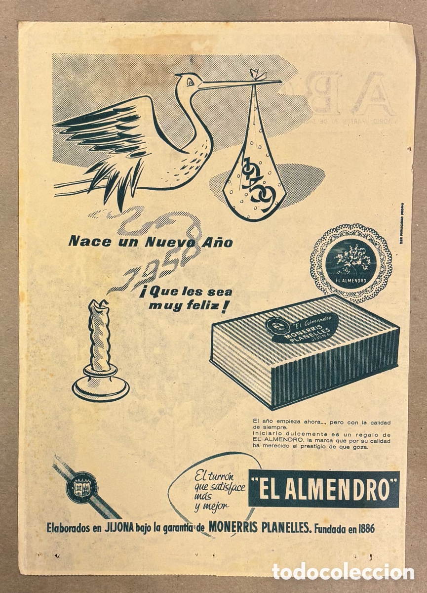 Otros art&iacute;culos de coleccionismo en papel: TURR&Oacute;N EL ALMENDRO. ANUNCIO PUBLICITARIO PERI&Oacute;DICO ABC A&Ntilde;O 1959. MONERRIS PLANELLES.