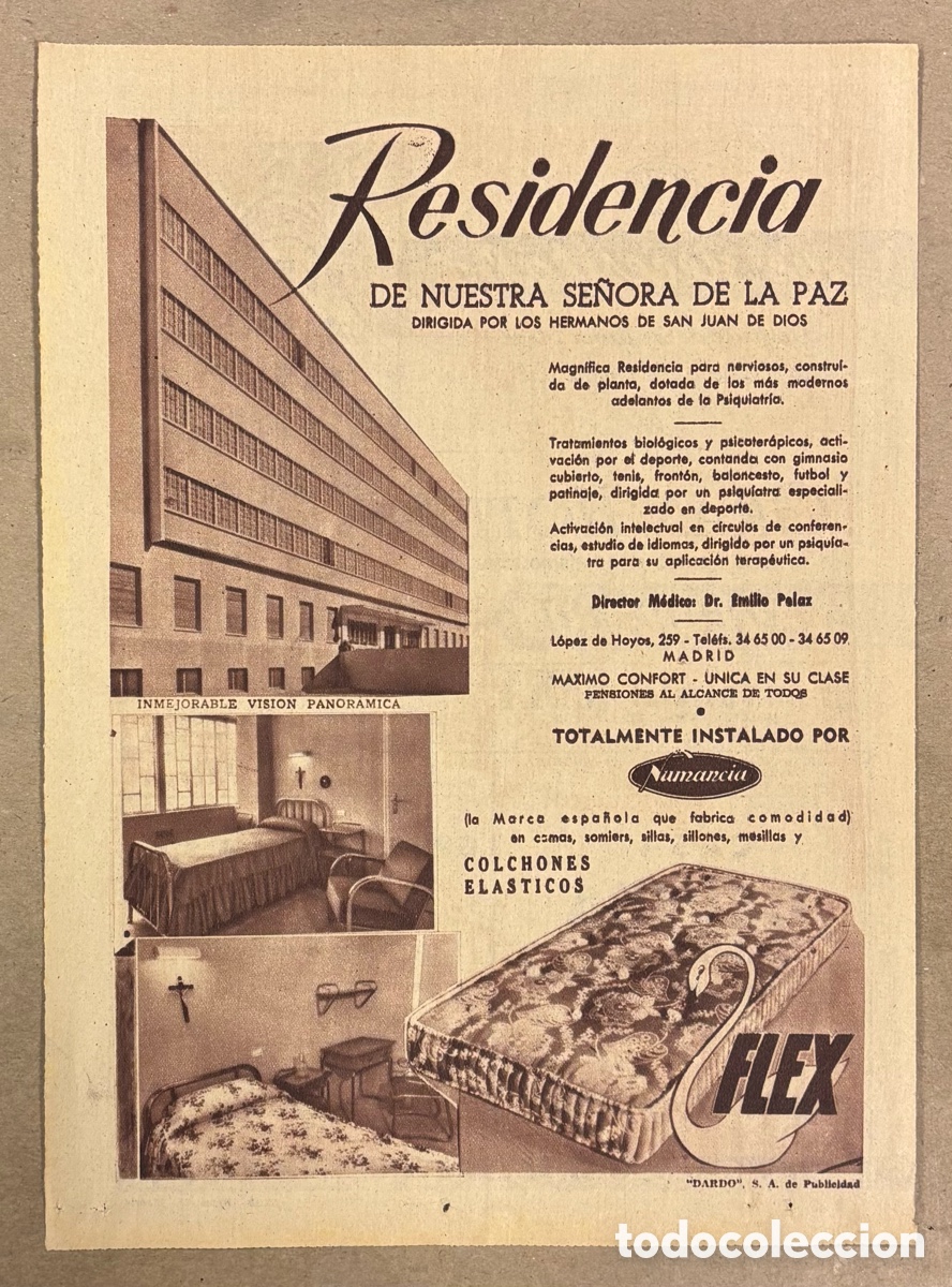 Otros art&iacute;culos de coleccionismo en papel: RESIDENCIA NUESTRA SE&Ntilde;ORA DE LA PAZ. ANUNCIO PUBLICITARIO PERI&Oacute;DICO ABC A&Ntilde;O 1955. COLCHONES FLEX