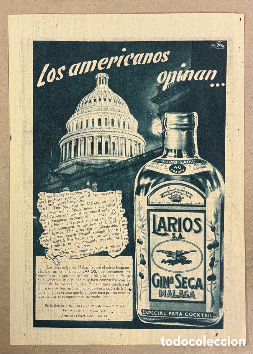 Otros art&iacute;culos de coleccionismo en papel: GINEBRA SECA LARIOS M&Aacute;LAGA. ANUNCIO PUBLICITARIO PERI&Oacute;DICO ABC A&Ntilde;O 1955.