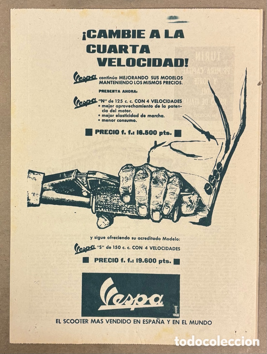 Otros art&iacute;culos de coleccionismo en papel: MOTOCICLETAS VESPA. ANUNCIO PUBLICITARIO PERI&Oacute;DICO ABC A&Ntilde;O 1961.