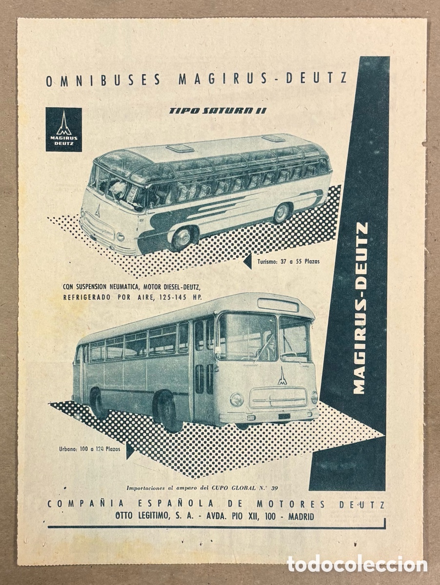 Otros art&iacute;culos de coleccionismo en papel: OMNIBUSES MAGIRUS DEUTZ. ANUNCIO PUBLICITARIO PERI&Oacute;DICO ABC A&Ntilde;O 1961
