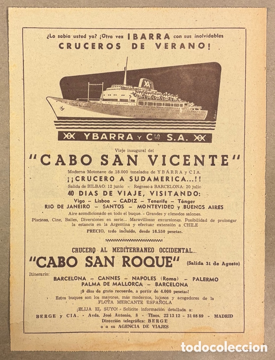 Otros art&iacute;culos de coleccionismo en papel: VIAJE INAUGURAL CRUCERO CABO SAN VICENTE . ANUNCIO PUBLICITARIO PERI&Oacute;DICO ABC A&Ntilde;O 1959. YBARRA