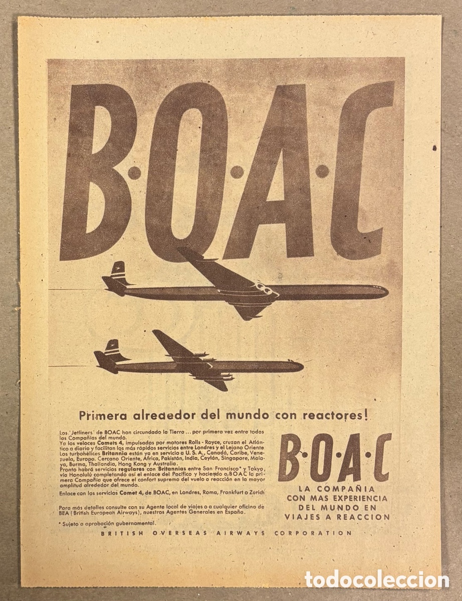 Otros art&iacute;culos de coleccionismo en papel: AEROL&Iacute;NEA BOAC AVIONES A REACCI&Oacute;N. ANUNCIO PUBLICITARIO PERI&Oacute;DICO ABC A&Ntilde;O 1959.