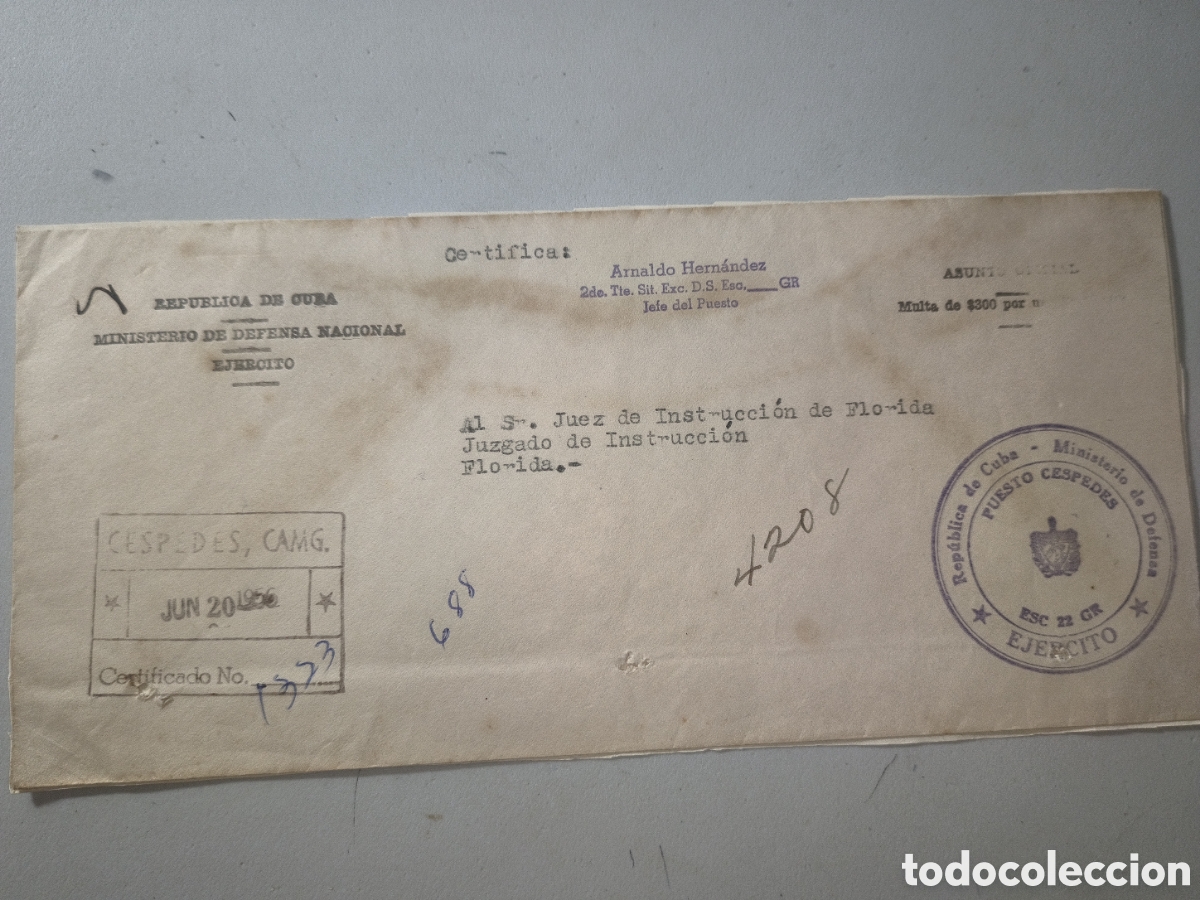 Otros art&iacute;culos de coleccionismo en papel: Cuba,sobre oficial guardia rural ,Cespedes , Camag&uuml;ey,1956