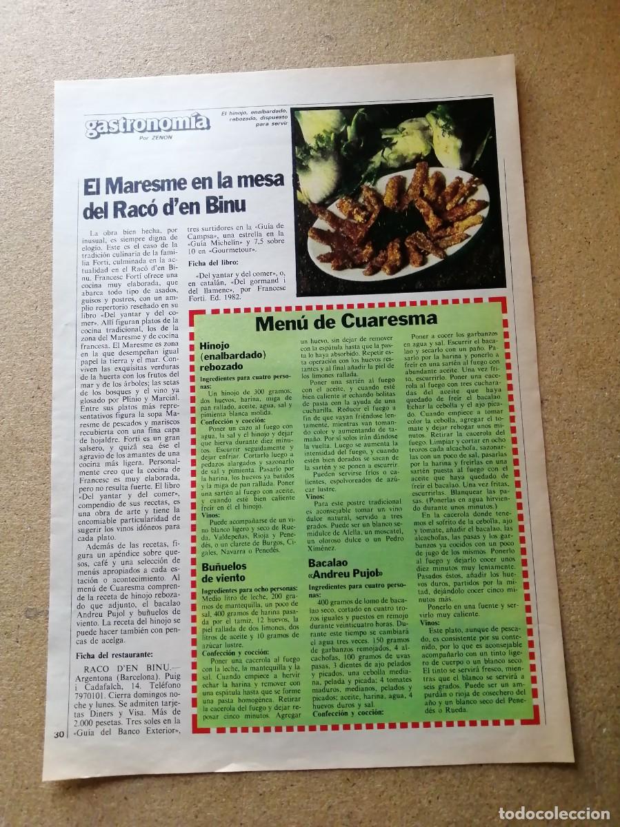 Otros art&iacute;culos de coleccionismo en papel: ARTICULO GASTRONOMICO. EL MARESME EN LA MESA DEL RACO D'EN BINU (ARGENTONA). MENU DE CUARESMA