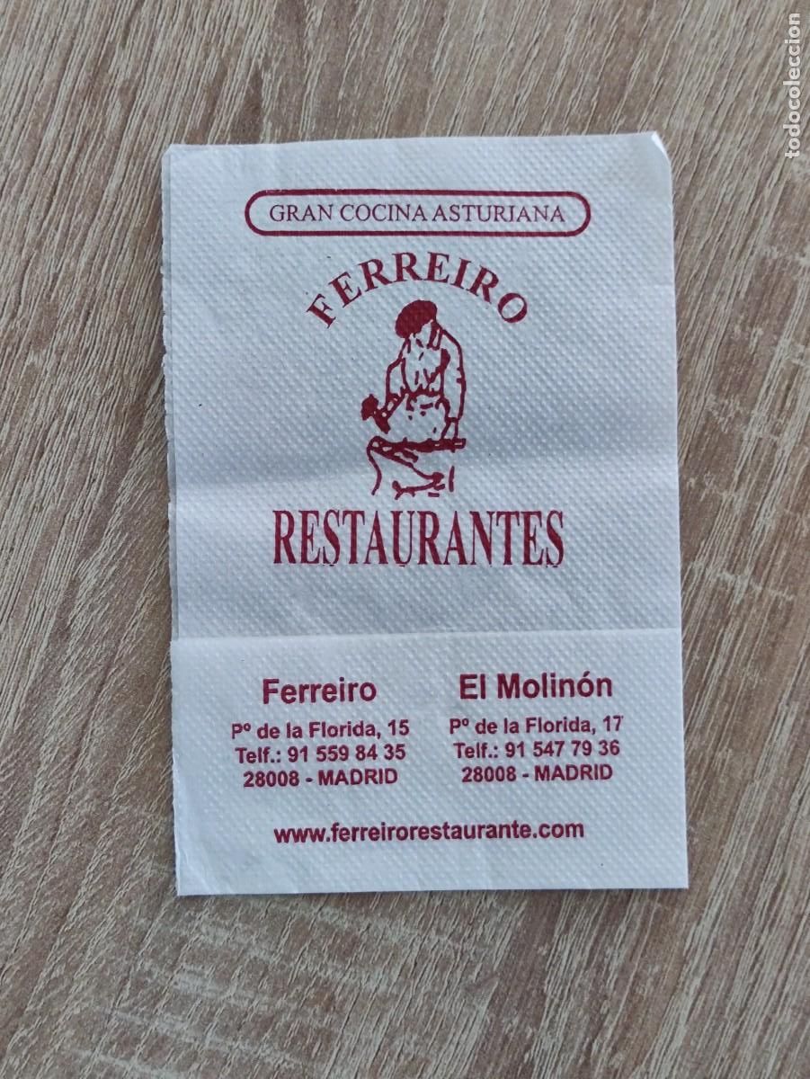 Otros art&iacute;culos de coleccionismo en papel: SERVILLETA DE PAPEL - FERREIRO EL MOLINON RESTAURANTES - MADRID