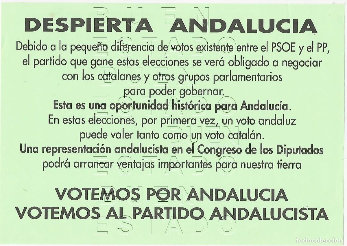Otros art&iacute;culos de coleccionismo en papel: PARTIDO ANDALUCISTA ANDALUCISMO CUARTILLA PROPAGANDA ELECTORAL M61