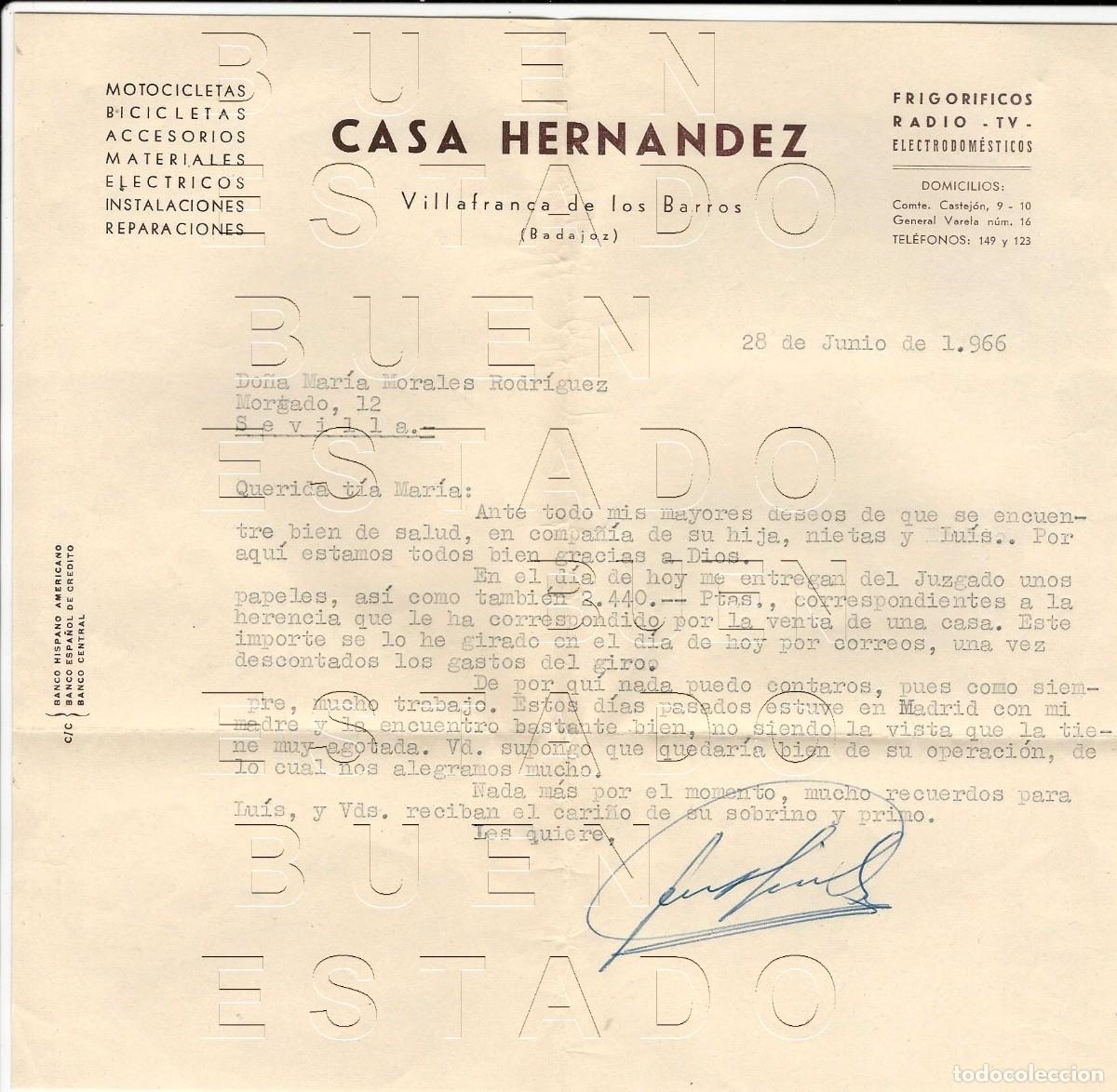 Otros art&iacute;culos de coleccionismo en papel: VILLAFRANCA DE LOS BARROS BADAJOZ CASA HERNANDEZ CARTA Y SOBRE 1966 M61