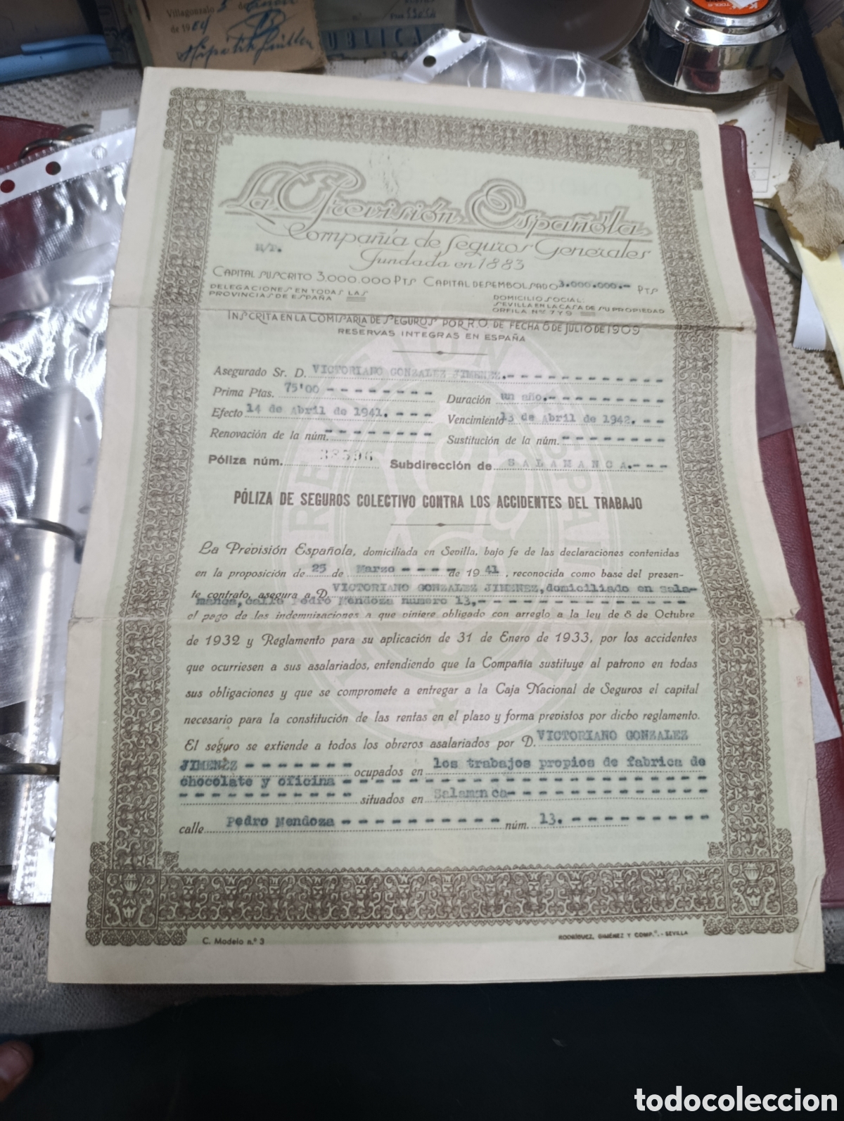 Otros art&iacute;culos de coleccionismo en papel: Poliza de seguros de fabrica de chocolate Santa Juliana salamanca.