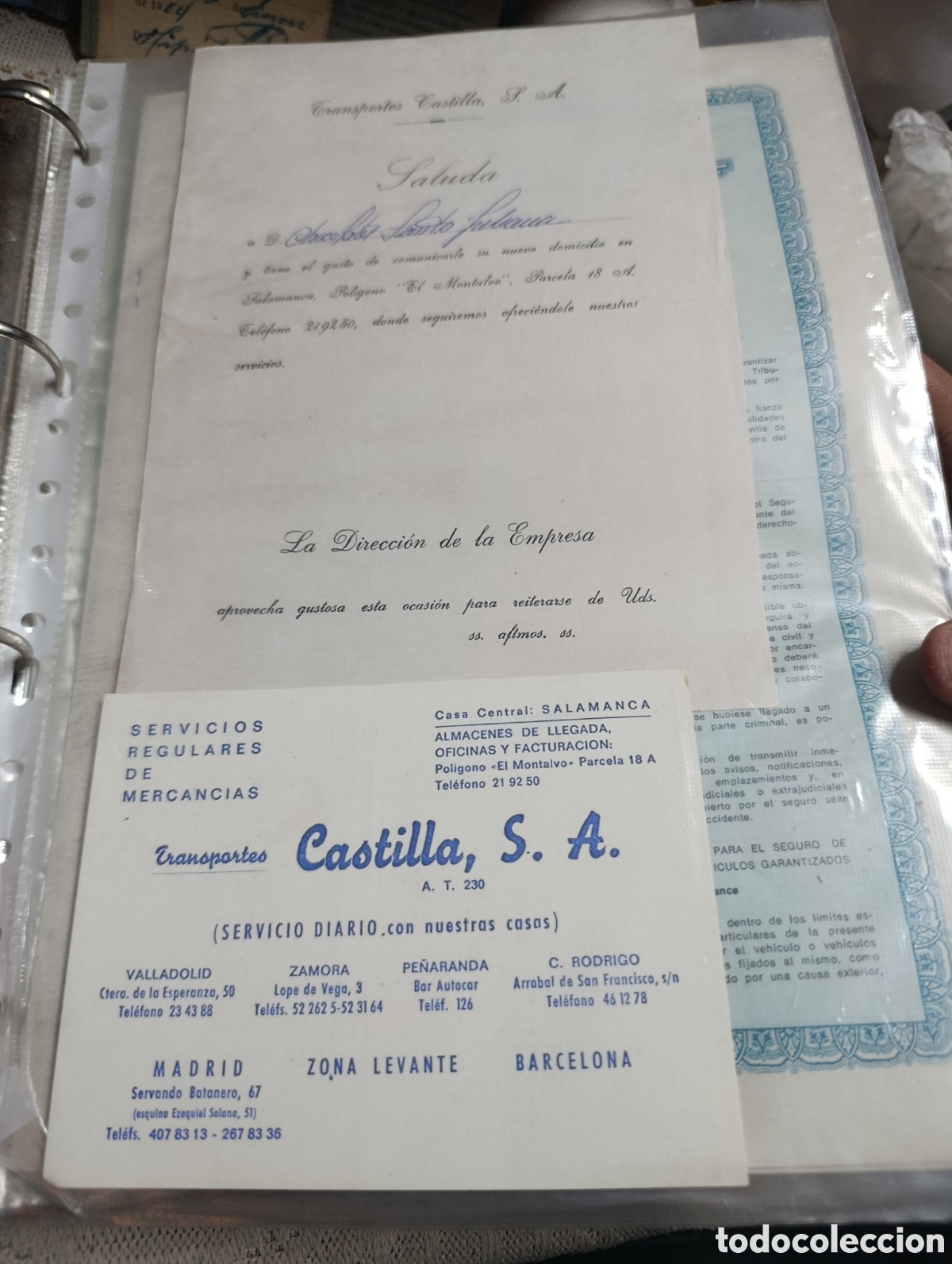 Outros artigos de papel: Comunicado cambio de domicilio de transportes castilla S.L. a chocolate Santa Juliana.