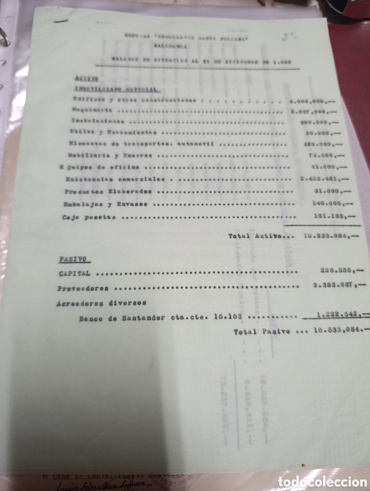 Otros art&iacute;culos de coleccionismo en papel: Documento chocolate danta juliana balance situaci&oacute;n.
