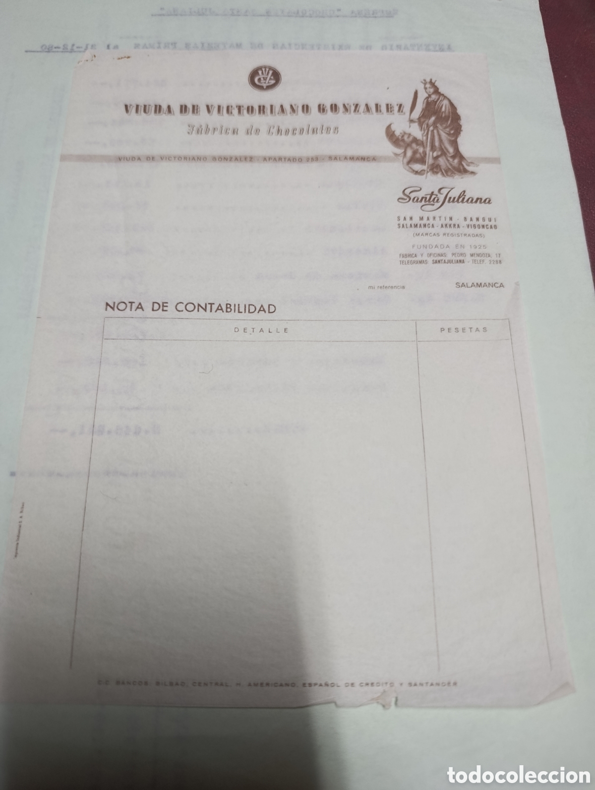 Otros art&iacute;culos de coleccionismo en papel: Impreso chocolate santa juliana nota de contabilidad.