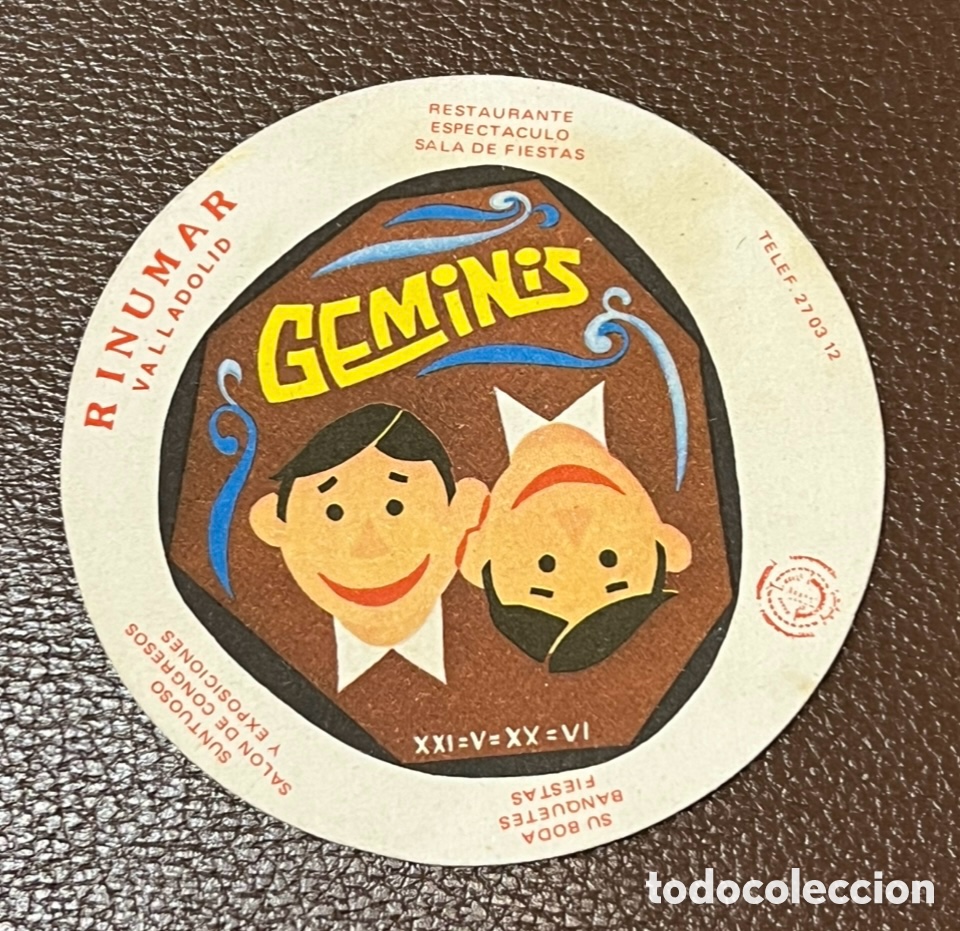 Otros art&iacute;culos de coleccionismo en papel: Posavasos. Geminis. RINUMAR. Valladolid. A&ntilde;os 70.
