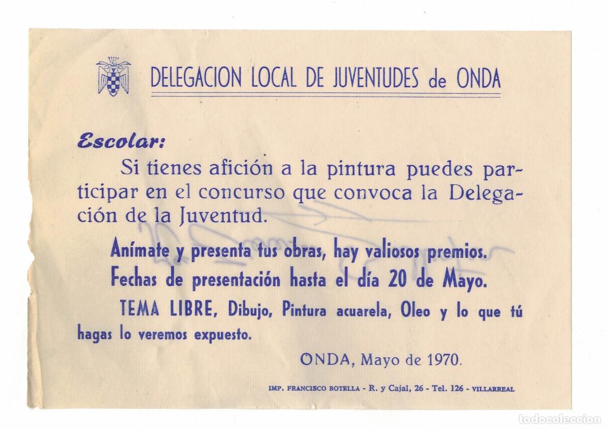 Otros art&iacute;culos de coleccionismo en papel: Folleto Delegaci&oacute;n Local de Juventudes de Onda &ndash; Concurso escolar de pintura 1970